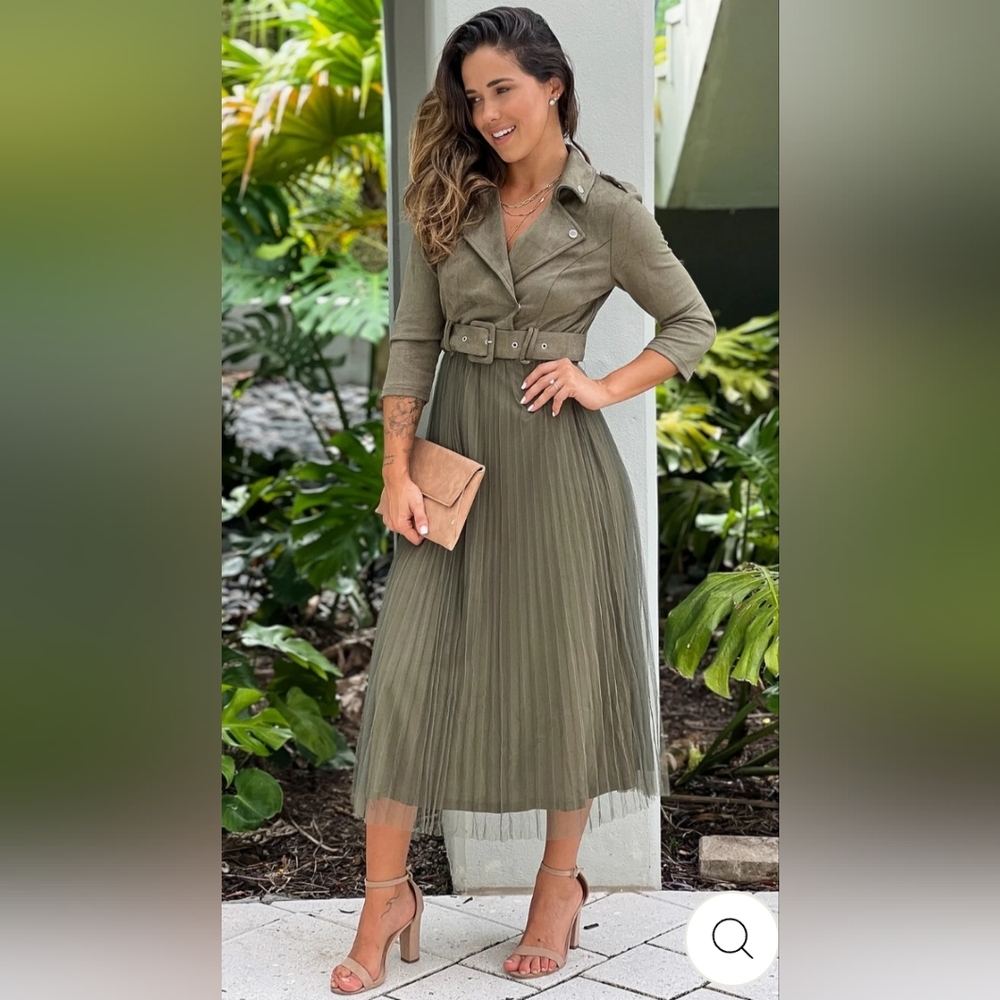 OLIVE PLEATED SKIRT AND SUEDE TOP DRESS